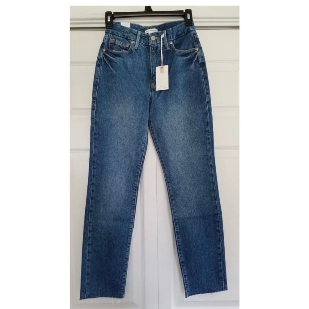 Good American Good Classic Skinnyish Fit Raw Hem Blue Hi-Rise Jeans Sz 0/25